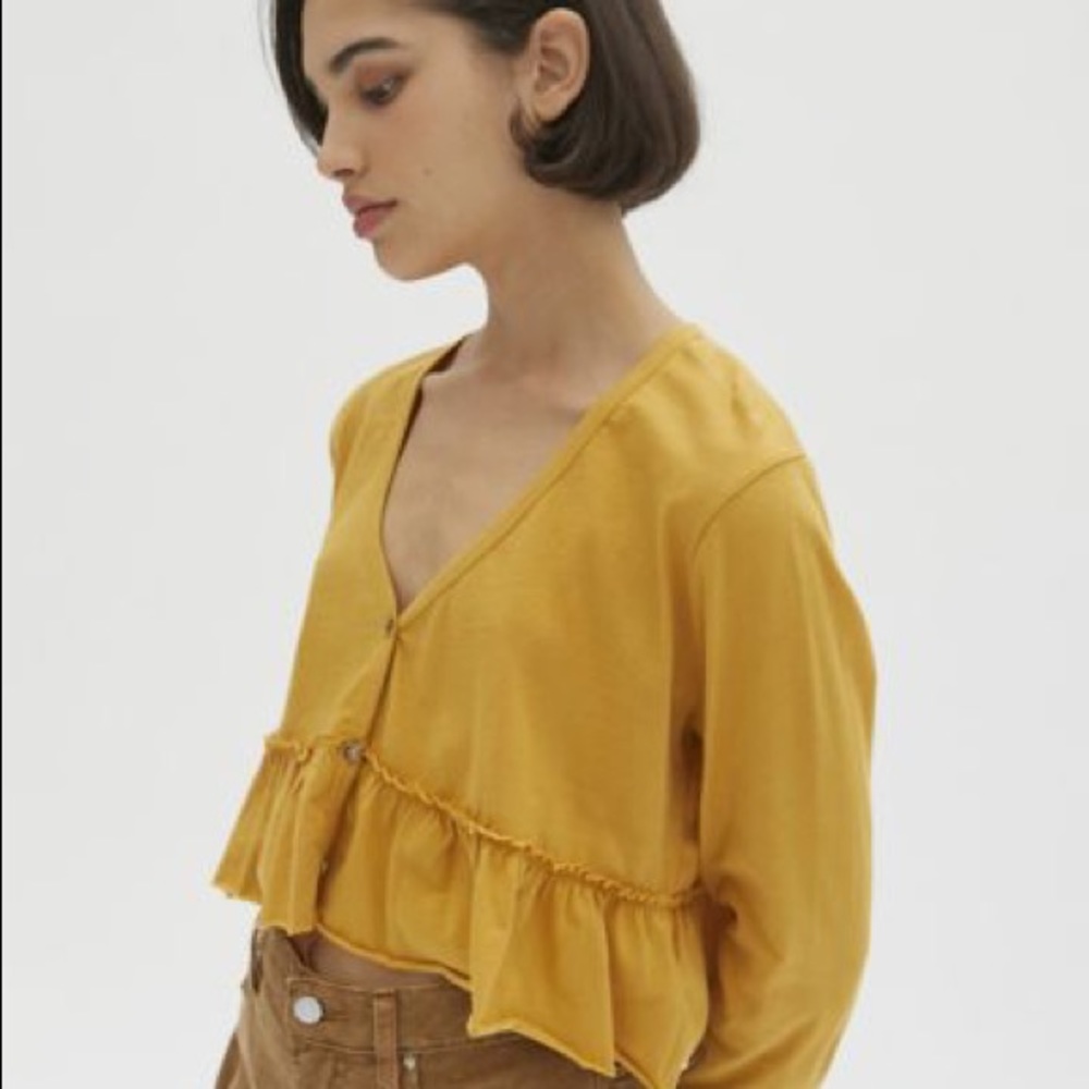 YELLOW PEPLUM STRIPED LONG SLEEVE CROP TOP - Picture 7 of 7